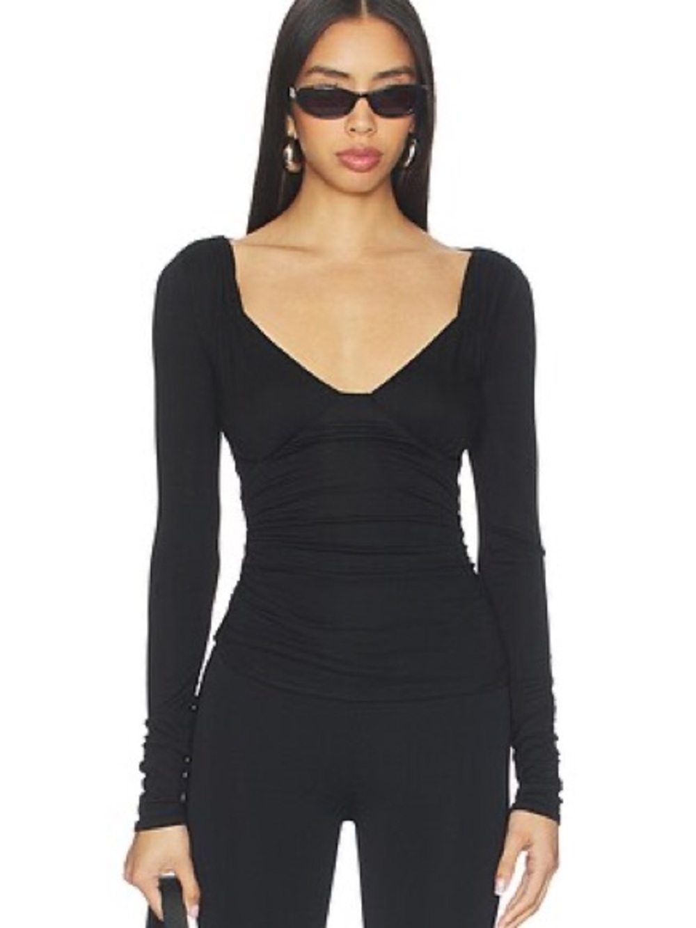 Lovers + Friends Black Long-Sleeve Ruched V-Neck Top Size S